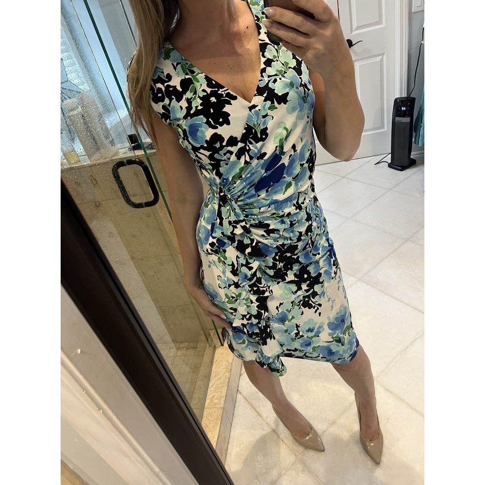 American Living Ralph Lauren Floral Jersey Sheath Dress Blue Black 8 M